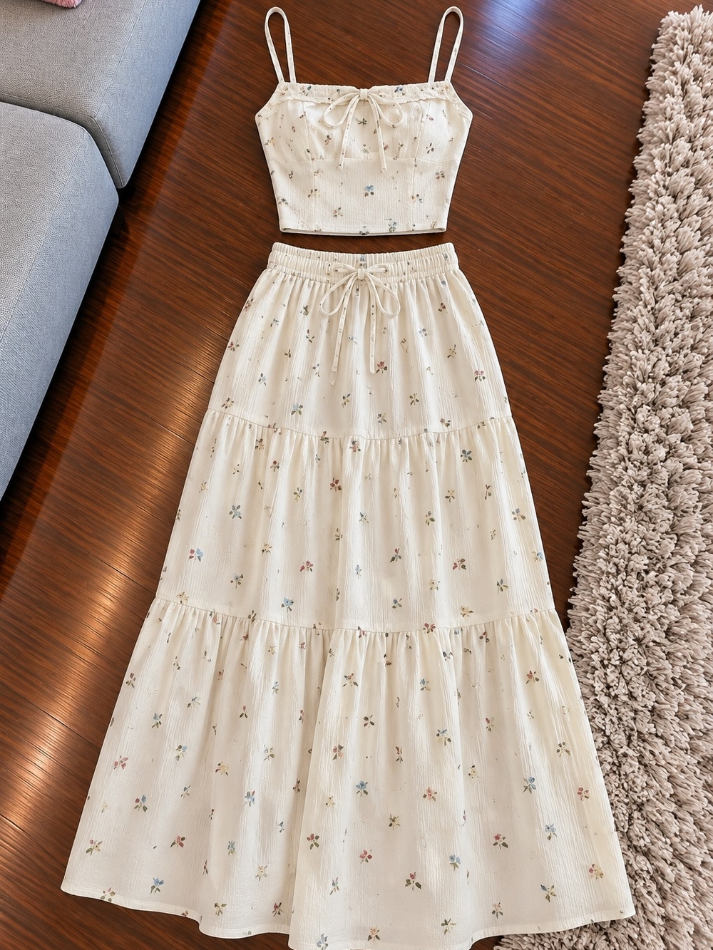 Cream Floral Tiered Maxi Skirt with Drawstring Waist